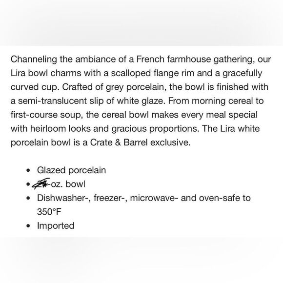 Crate&Barrel Deep Dinner Plates Lira White Gray Porcelain 11 1/4 In Scalloped - Picture 9 of 9